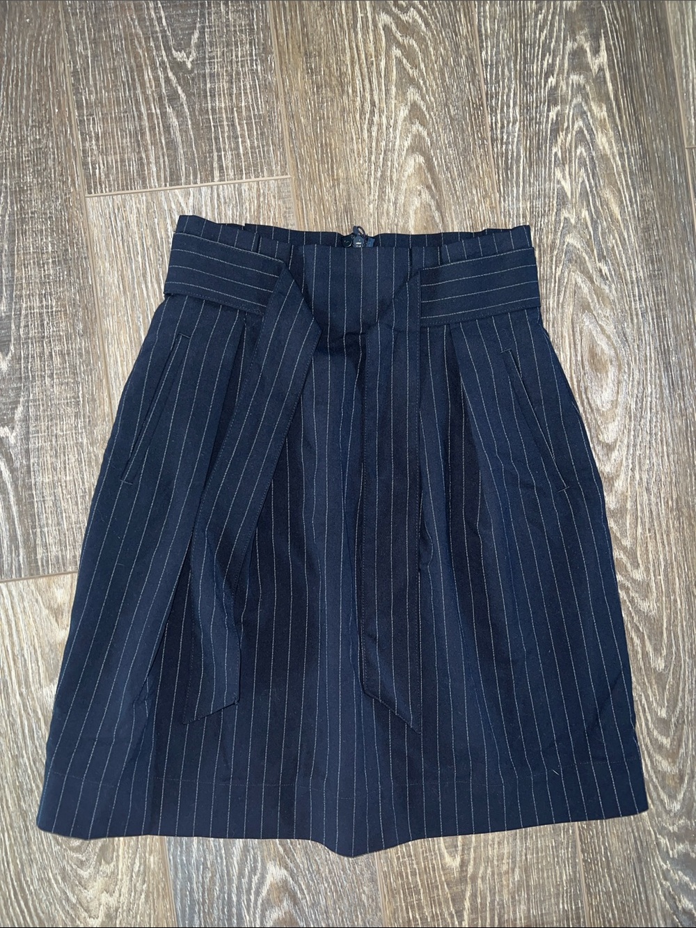 H&M Navy Pinstripe Paperbag Waist Skirt with Tie